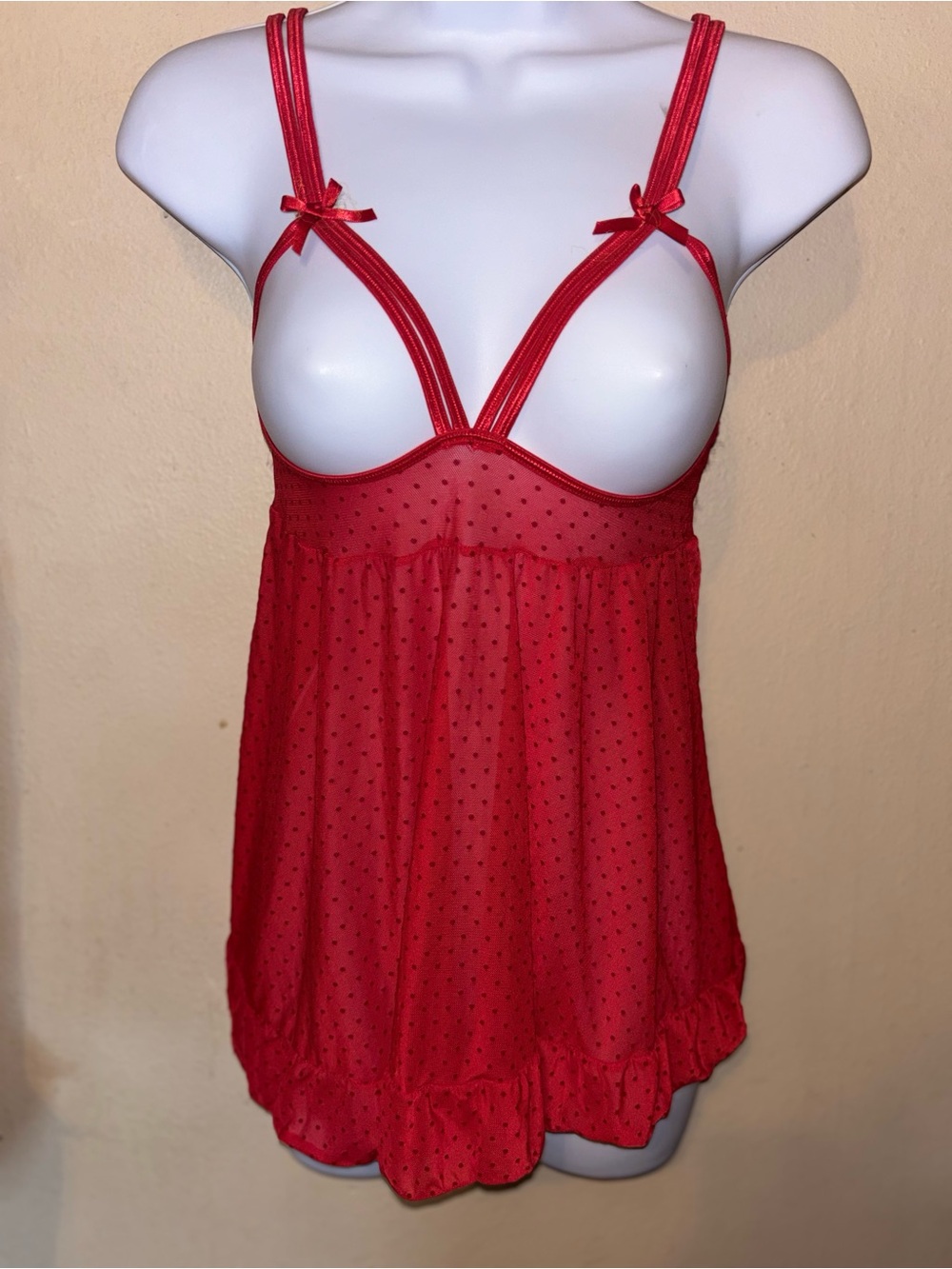 Sheer Red Polka-Dot Babydoll Chemise with Bow Straps